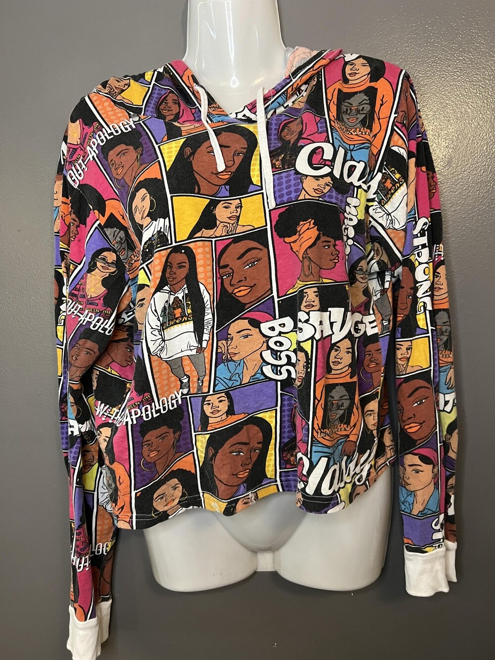 On Fire Hoodie Sweatshirt Womens XL Multicolor Comic Graphic Patchwork Crop
